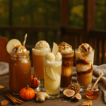 Group of five Rebel Floats on a cozy cabin-porch table—caramel apple cider, pumpkin-chai, pear-ginger, maple pecan cold brew, and fig-vanilla—fairy lights in soft bokeh.