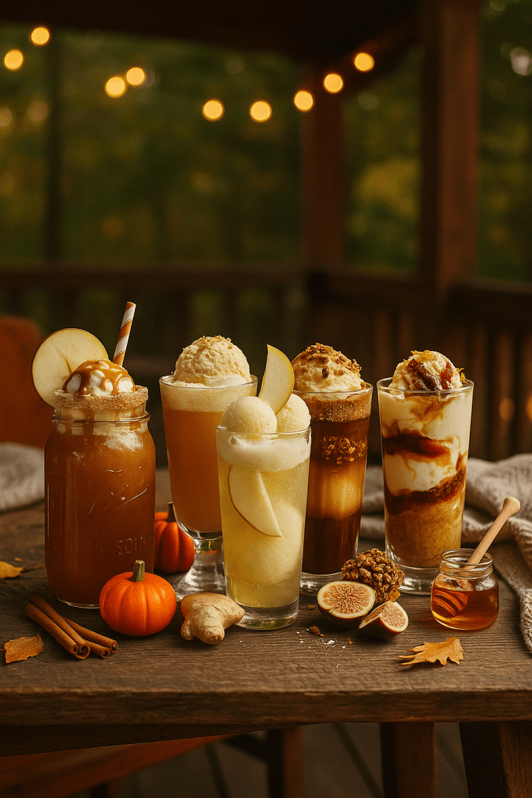 Group of five Rebel Floats on a cozy cabin-porch table—caramel apple cider, pumpkin-chai, pear-ginger, maple pecan cold brew, and fig-vanilla—fairy lights in soft bokeh.