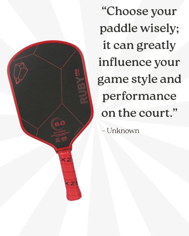 red and black pickleball paddle with red handle. words “Choose your paddle wisely; it can greatly influence your game style and performance on the court.”