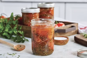 wide mouth mason jar with ingredients and liquid inside.