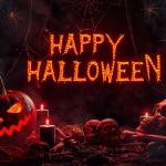 A dark, moody Halloween scene with the glowing words “Happy Halloween” illuminated in eerie orange light. The background is shadowy and atmospheric, filled with cobwebs, spiders, and flickering candles. A sinister jack-o’-lantern grins beside scattered skulls, bones, and black candles dripping wax. Wisps of fog swirl through the scene, enhancing the mysterious and spooky atmosphere.